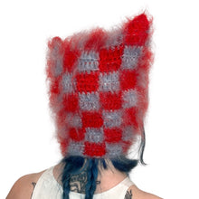 Load image into Gallery viewer, Fluffy Chequerboard Kitty Bonnet Red & Blue