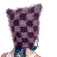 Load image into Gallery viewer, Fluffy Chequerboard Kitty Bonnet Purple