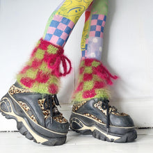 Load image into Gallery viewer, Fluffy Checkered Leg Warmers Pink & Green