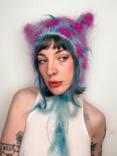 Load image into Gallery viewer, Fluffy Chequerboard Kitty Bonnet Pink & Blue