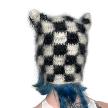 Load image into Gallery viewer, Fluffy Chequerboard Kitty Bonnet Black & White