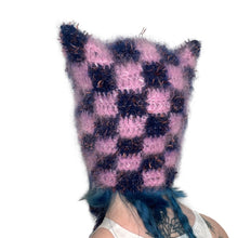 Load image into Gallery viewer, Fluffy Chequerboard Kitty Bonnet Blue & Pink