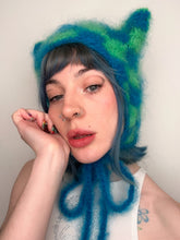 Load image into Gallery viewer, Fluffy Chequerboard Kitty Bonnet Blue & Green