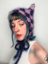 Load image into Gallery viewer, Fluffy Chequerboard Kitty Bonnet Blue & Pink