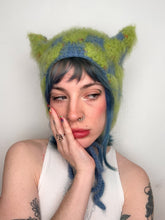 Load image into Gallery viewer, Fluffy Chequerboard Kitty Bonnet Green & Blue