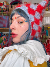 Load image into Gallery viewer, Fluffy Chequerboard Kitty Bonnet Red & Blue