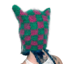 Load image into Gallery viewer, Fluffy Chequerboard Kitty Bonnet Green & Pink