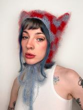 Load image into Gallery viewer, Fluffy Chequerboard Kitty Bonnet Red & Blue