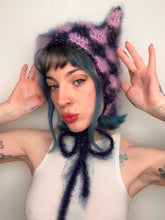 Load image into Gallery viewer, Fluffy Chequerboard Kitty Bonnet Blue & Pink
