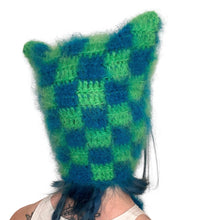 Load image into Gallery viewer, Fluffy Chequerboard Kitty Bonnet Blue & Green