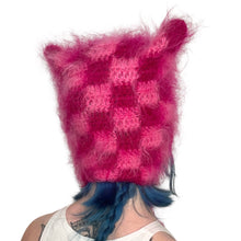 Load image into Gallery viewer, Fluffy Chequerboard Kitty Bonnet Pink
