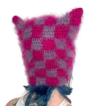Load image into Gallery viewer, Fluffy Chequerboard Kitty Bonnet Purple & Pink