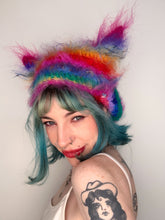 Load image into Gallery viewer, Fluffy Striped Kitty Bonnet Rainbow
