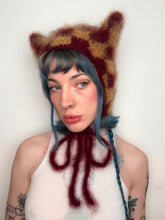 Load image into Gallery viewer, Fluffy Chequerboard Kitty Bonnet Gold &amp; Burgandy
