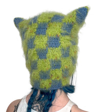 Load image into Gallery viewer, Fluffy Chequerboard Kitty Bonnet Green &amp; Blue
