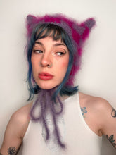 Load image into Gallery viewer, Fluffy Chequerboard Kitty Bonnet Purple &amp; Pink
