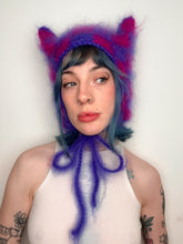 Load image into Gallery viewer, Fluffy Chequerboard Kitty Bonnet Pink &amp; Purple
