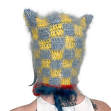Load image into Gallery viewer, Fluffy Chequerboard Kitty Bonnet Yellow &amp; Blue
