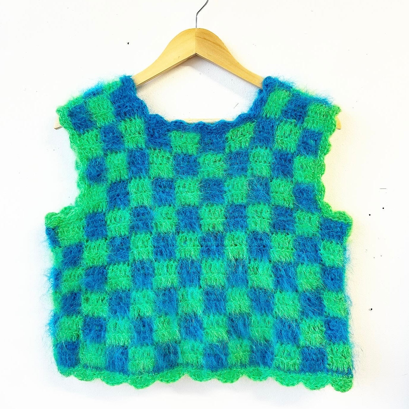Fluffy Checkered Vest Green Blue M