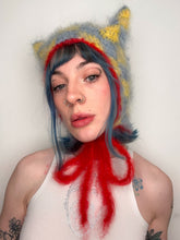 Load image into Gallery viewer, Fluffy Chequerboard Kitty Bonnet Yellow &amp; Blue
