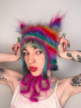Load image into Gallery viewer, Fluffy Striped Kitty Bonnet Rainbow
