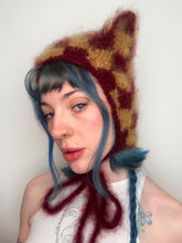 Load image into Gallery viewer, Fluffy Chequerboard Kitty Bonnet Gold &amp; Burgandy
