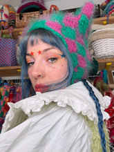 Load image into Gallery viewer, Fluffy Chequerboard Kitty Bonnet Green &amp; Pink
