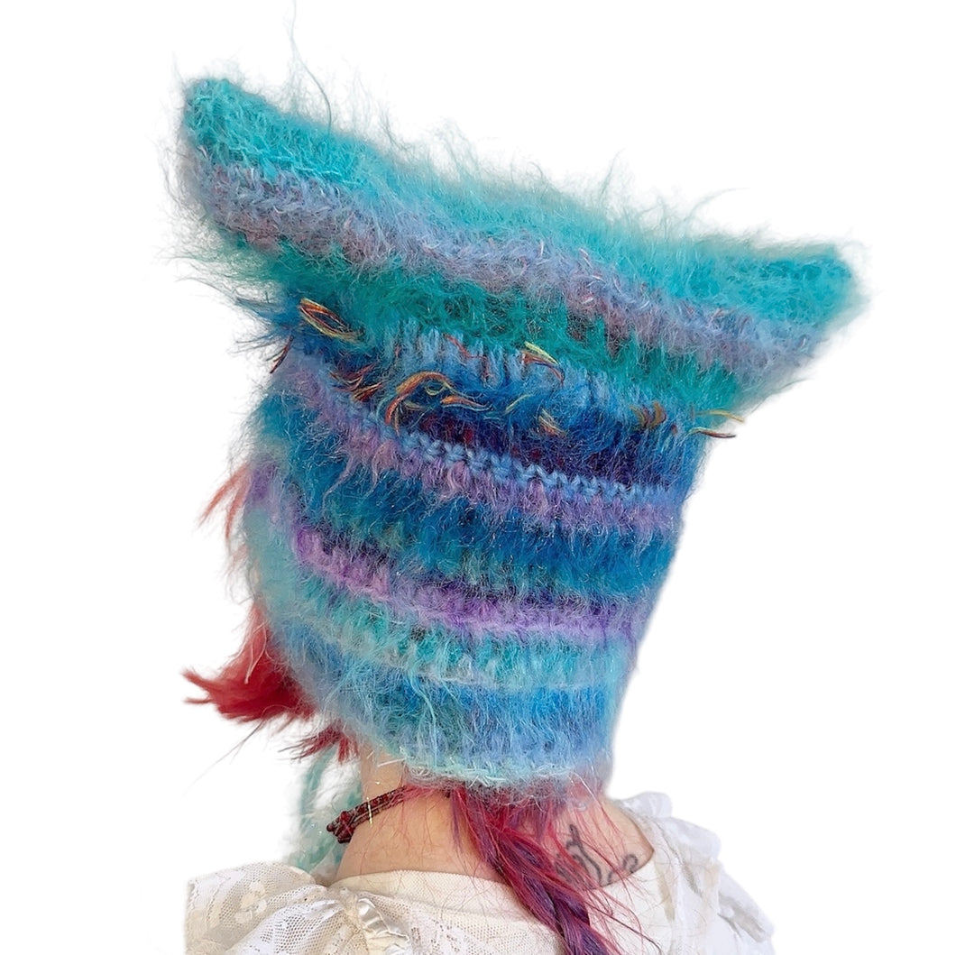 Fluffy Striped Kitty Bonnet Blue