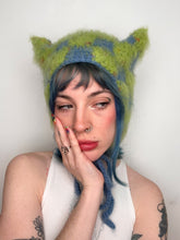 Load image into Gallery viewer, Fluffy Chequerboard Kitty Bonnet Green &amp; Blue
