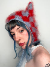 Load image into Gallery viewer, Fluffy Chequerboard Kitty Bonnet Red &amp; Blue
