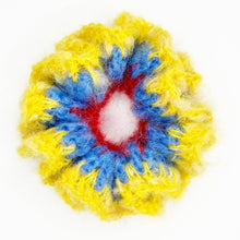 Load image into Gallery viewer, Fluffy Stripy Scrunchie Red, Blue &amp; Yellow
