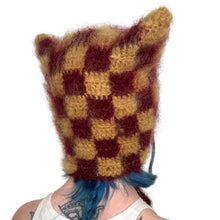 Load image into Gallery viewer, Fluffy Chequerboard Kitty Bonnet Gold &amp; Burgandy
