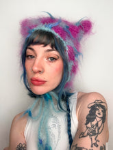 Load image into Gallery viewer, Fluffy Chequerboard Kitty Bonnet Pink &amp; Blue
