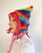 Load image into Gallery viewer, Fluffy Striped Kitty Bonnet Rainbow
