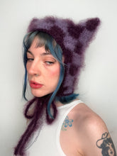 Load image into Gallery viewer, Fluffy Chequerboard Kitty Bonnet Purple
