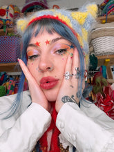 Load image into Gallery viewer, Fluffy Chequerboard Kitty Bonnet Yellow &amp; Blue
