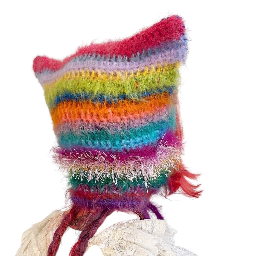 Fluffy Striped Kitty Bonnet Multicolour