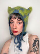Load image into Gallery viewer, Fluffy Chequerboard Kitty Bonnet Green &amp; Blue
