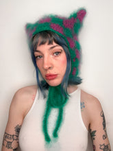 Load image into Gallery viewer, Fluffy Chequerboard Kitty Bonnet Green &amp; Pink
