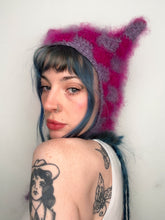 Load image into Gallery viewer, Fluffy Chequerboard Kitty Bonnet Purple &amp; Pink
