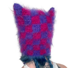 Load image into Gallery viewer, Fluffy Chequerboard Kitty Bonnet Pink &amp; Purple
