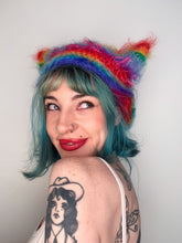 Load image into Gallery viewer, Fluffy Striped Kitty Bonnet Rainbow
