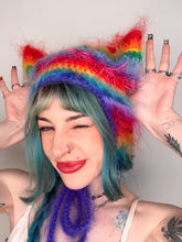 Load image into Gallery viewer, Fluffy Striped Kitty Bonnet Rainbow
