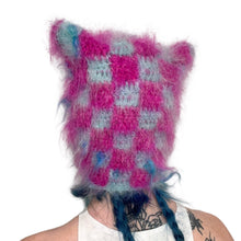 Load image into Gallery viewer, Fluffy Chequerboard Kitty Bonnet Pink &amp; Blue
