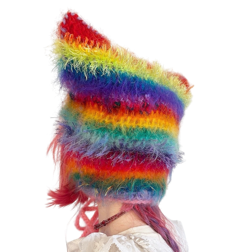 Fluffy Striped Kitty Bonnet Rainbow